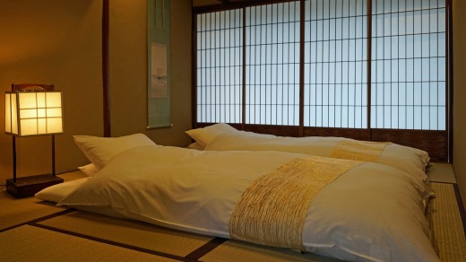 Futons in the tatami bedroom at Oku Zaimoku-cho machiya.